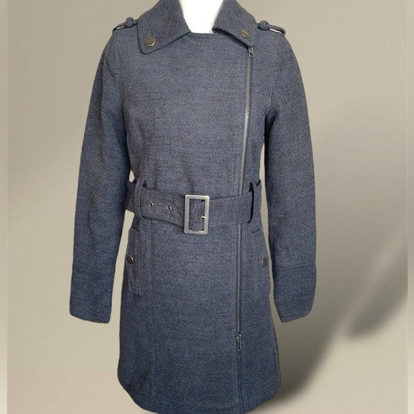 Ellen Tracy Charcoal Military Trench Overcoat Side Full Zip Belted Pea Coat Sz M - Picture 1 of 12